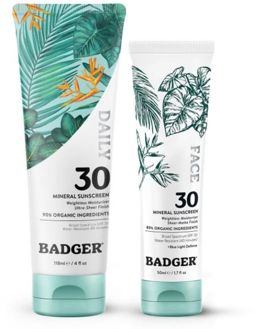 배저 미네랄 데일리 및 페이스 자외선 차단제 콤보 산화아연이 함유된 SPF 30 경량 유기농 차단제 얼굴 바디용 보습 비건 무향 2팩, 2.85 Fl Oz (Pack of 2), 118ml - 쿠팡
