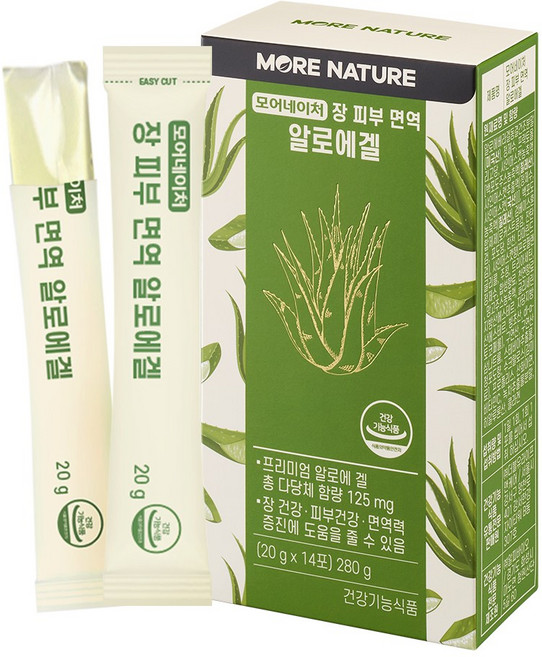 모어네이처 장 피부 면역 먹는 알로에겔 젤리스틱 14포 콜라겐 히알루론산 함유 식약처 인정 3중 기능성, 280g, 1개