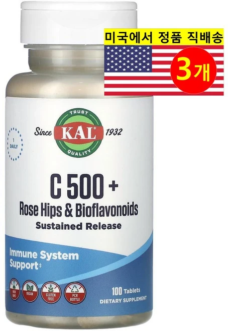 KAL 비타민 C 500mg 로즈힙 바이오플라보노이드 함유 Vitamin C, 3개, 100정 - 쿠팡
