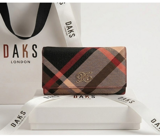 [닥스] 비비드 레드 체크 가죽 여성 중지갑