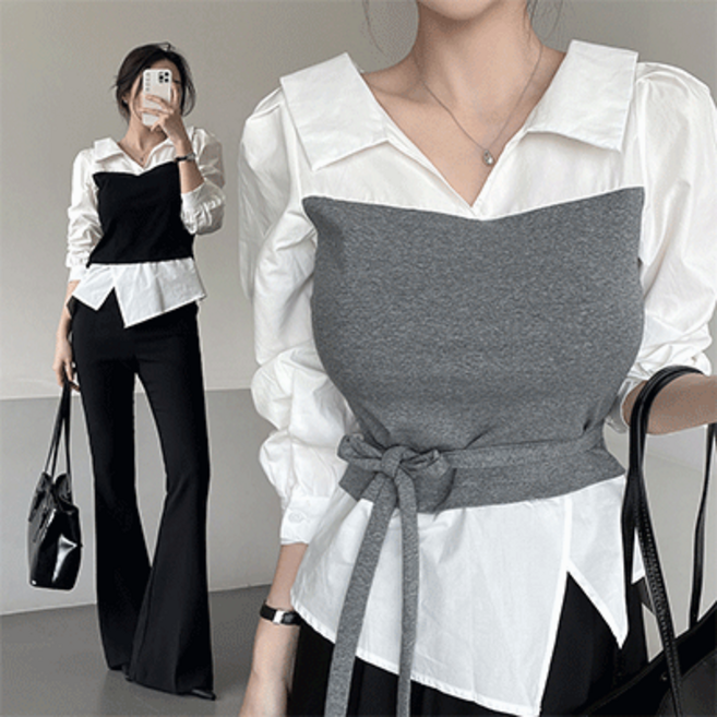 가나다란 에리온 레이어드 투톤 배색 니트 언발 블라우스 셔츠 2color