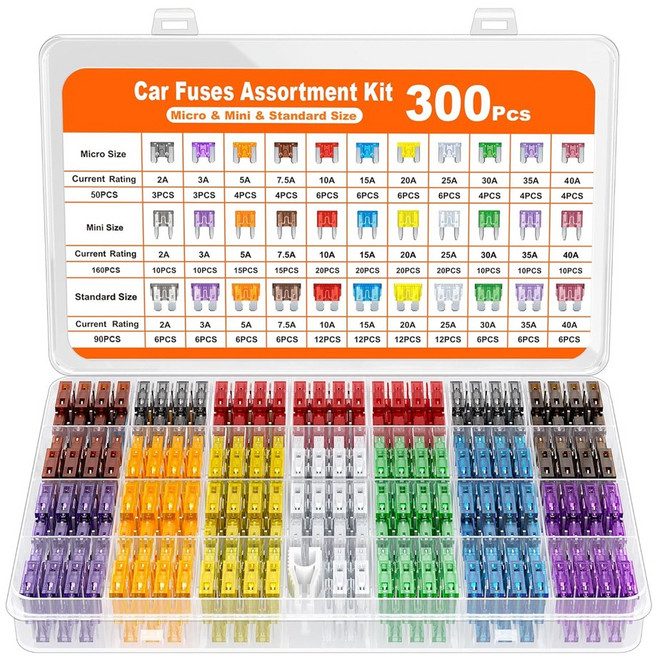 JK 휴즈 300종 세트 자동차퓨즈 차량 휴즈세트 마이크로 미니 스텐다드 소형 중형 대형, 1세트