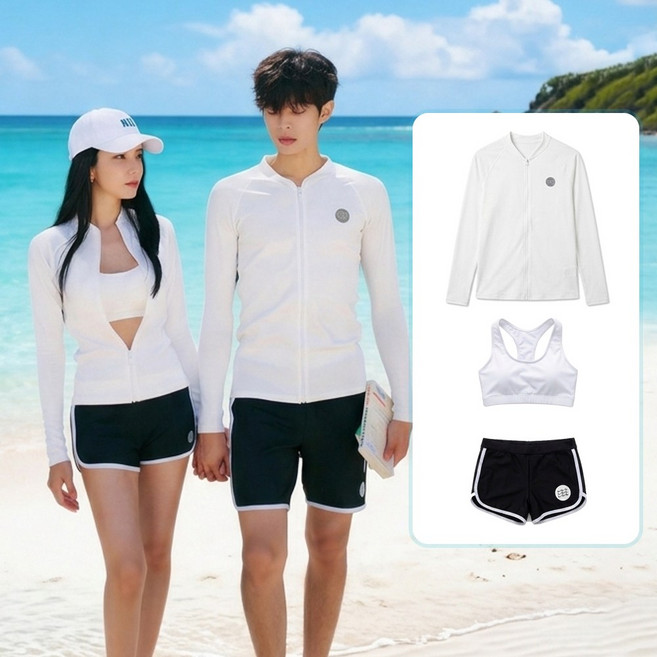 큰귀멍멍 남녀 커플 래쉬가드 긴팔 집업 수영복 비치웨어 상하의 세트