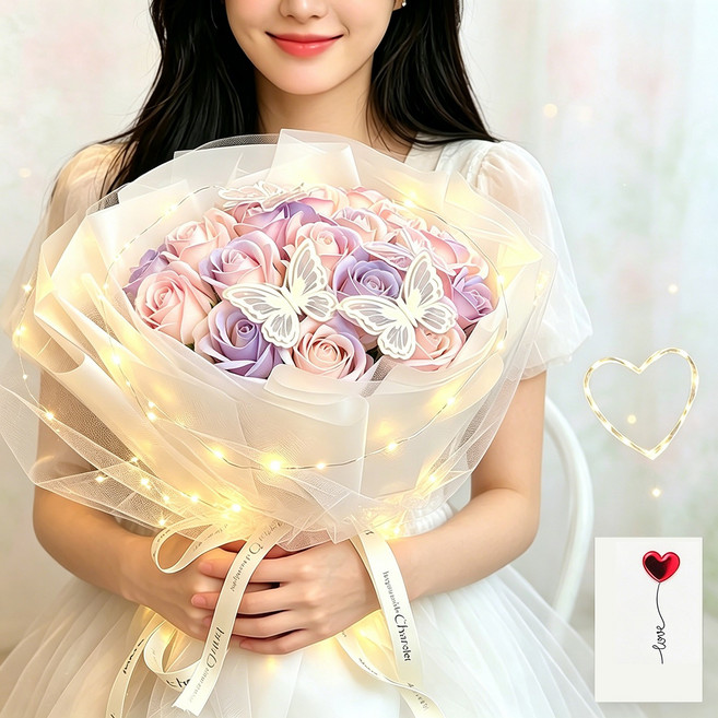 Belua 몽환 레이스 나비 조화 꽃다발 20송이 쇼핑백 LED전구 카드 포함 어버이날 스승의날 졸업식 학예회 입학식 선물, 퍼플, 1개
