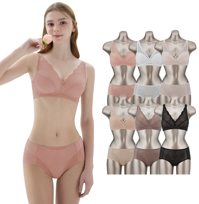 [6+6] 오모떼 올데이 에센셜 모노레이스 여자 속옷 노와이어 노라인 브라 팬티 총 6세트