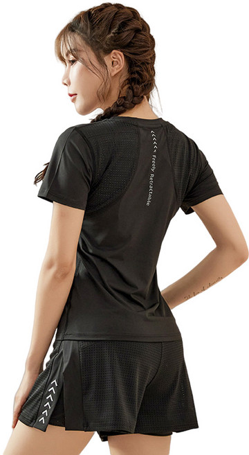 ROYALBELLE 여성 트레이닝 운동 상하세츠 런닝 요가용 메쉬 반팔티 반바지 통기성 좋은 운동세트 E40203