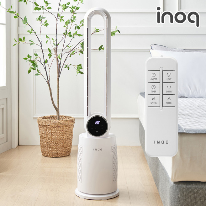 이노크아든 날개없는 타워형 선풍기 원격 리모컨 LED 무드등 BLDC 모터 타워팬 12단계 바람 2중 먼지 필터 사계절 터치식 디스플레이