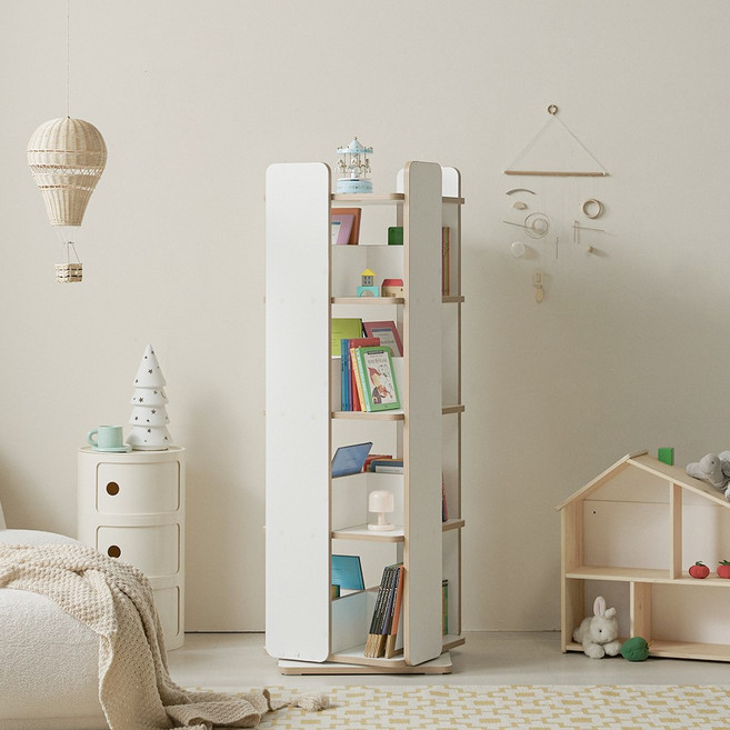 그린우드 완제품 카일리 자작엣지 거실 전면 이동식 회전 책장 책꽂이 3단 4단, 화이트, 가브리 회전책장