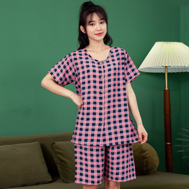 여성용 체크인견 반팔 잠옷 상하의 세트