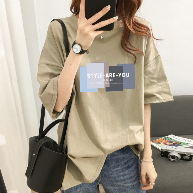 스타일아유 여성 여름용 오버핏 반팔 티셔츠 순면 빅사이즈 원작 Style are you 레터링 루즈핏 반팔티 롱티 자체제작[A3G3TS1730]