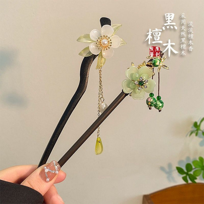 古風發簪 復古流蘇步搖髮釵 兒童小女孩漢服旗袍飾品, 1個, 嬌嫣【兩件套】古風流蘇步搖發簪(黑檀木)