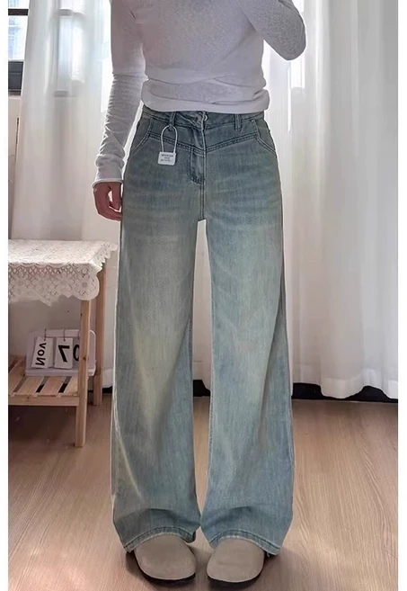 ZAJA데님 팬츠와이드 팬츠여성 바지슬림하게 떨어지는 핏스트레이트 팬츠춘추 바지하이 와이드 팬츠