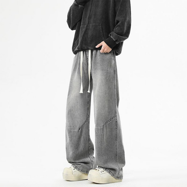 Makone 남성 워싱 청바지 하이웨이스트 캐주얼 슬랙스 데일리 밴딩 데님 팬츠