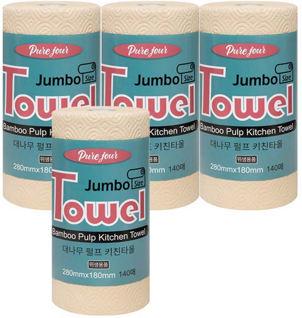 개별포장 3겹 점보사이즈 뱀부 키친타올 140매 x2롤+2롤 100% 대나무펄프, 4개, 140매입