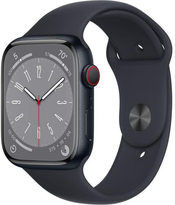 Apple Watch 시리즈 8 GPS 셀룰러 41mm 스타라이트 알루미늄 케이스 스포츠 밴드 M/L 리퍼, Midnight W/Black Band/ M/L, 45MM, 4G