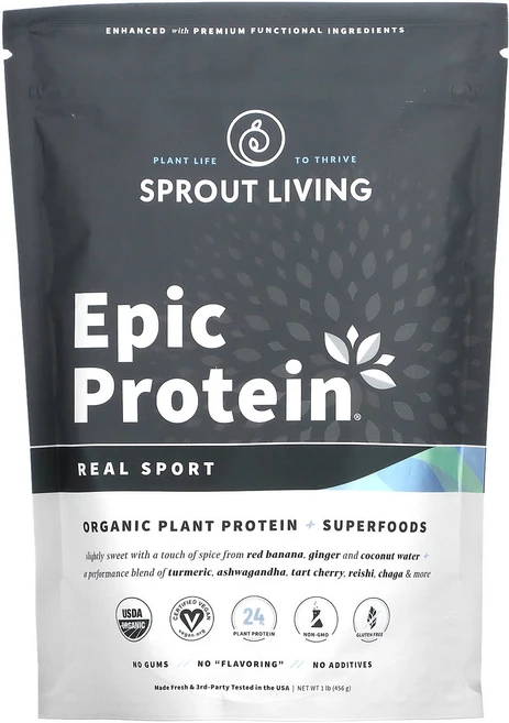 Sprout Living Epic 프로틴 식물성 단백질 앤드 슈퍼 푸드 함유 리얼 스포츠 494g(1.1lb), 494g, 1개 - 쿠팡