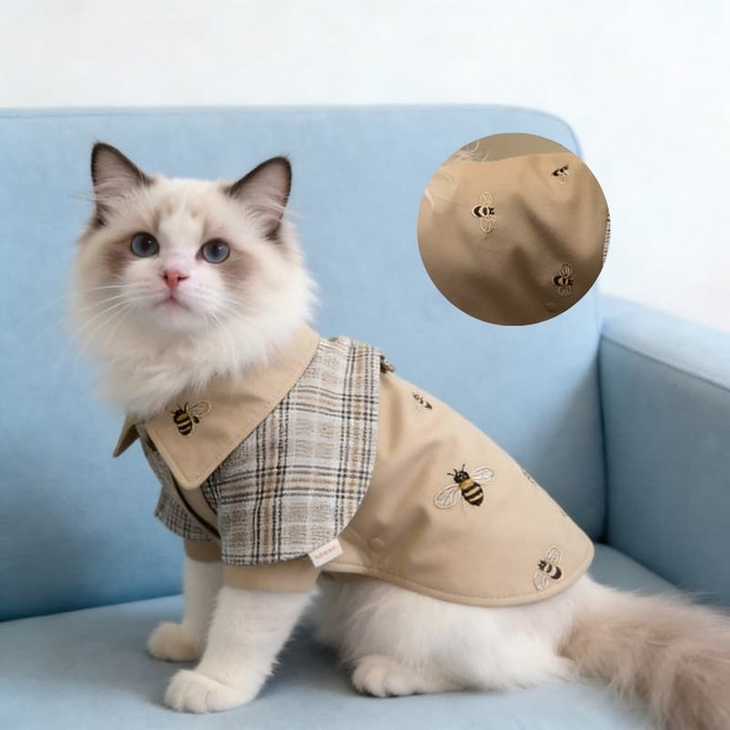 꿀벌 무늬 체크 트렌치 코트 고양이 강아지 럭셔리 데일리 펫 의상, 1개, khaki
