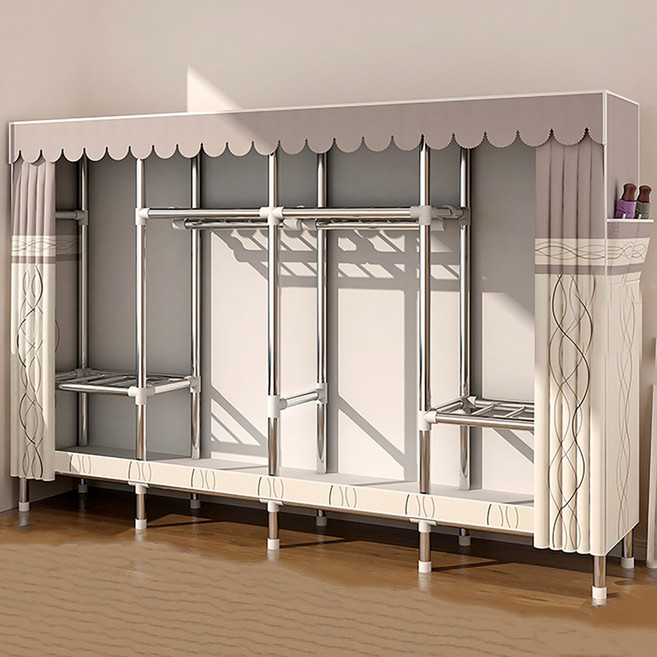 [시스슈] 강화 철제 프레임 조립형 3단 이동식 행거 | 하단 대용량 수납공간 먼지방지 커튼 일체화, 베이지색