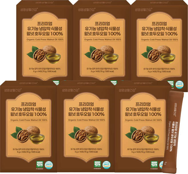 생명생활건강 프리미엄 유기농 냉압착 식물성 월넛 호두오일 100% 스틱 5g x 14포, 6개, 70g