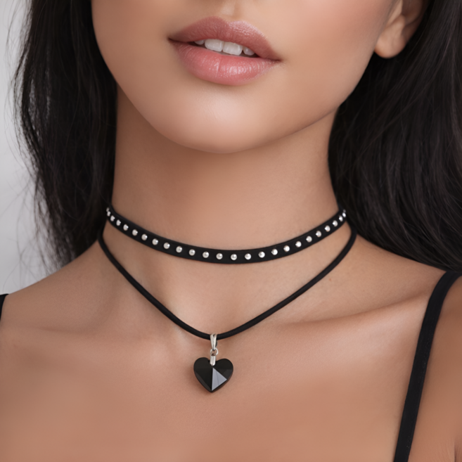 봄별 스터드 하트 초커 목걸이