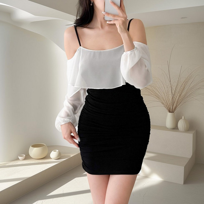 글램디브 두벤트 쉬폰 긴팔 탑 원피스 AC1218