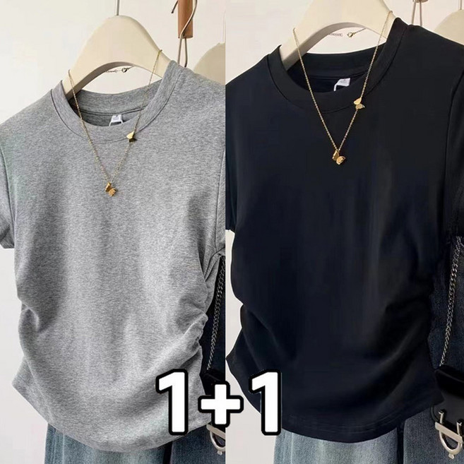 FANSYLI 1+1 기본 반팔티셔츠 여성 라운드 프린트 티셔츠 2종세트 숏 슬림 셔링 티셔츠 투피스 X2506J6