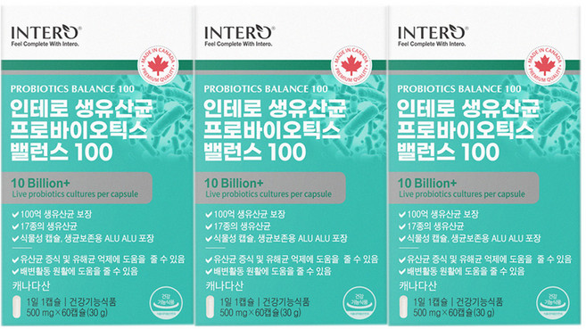 인테로 프로바이오틱스 생 모유 100억 유산균 캐나다 제조, 60정, 3개