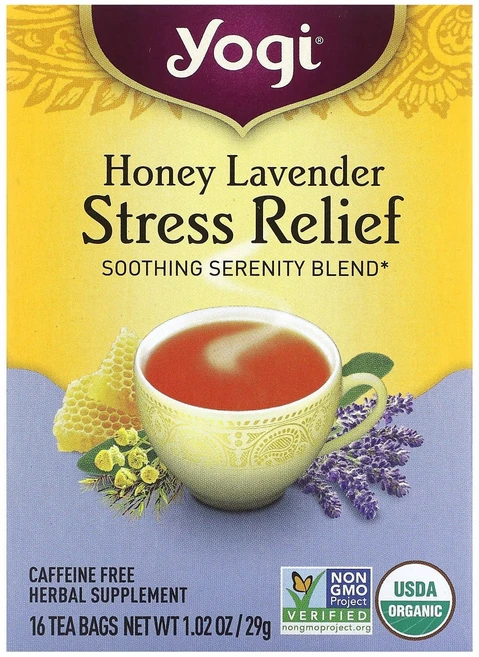 Yogi Tea 스트레스 릴리프 허니 라벤더 카페인 무함유 티백 16개 29g(1.02oz) 2팩, 29g, 1개 - 쿠팡