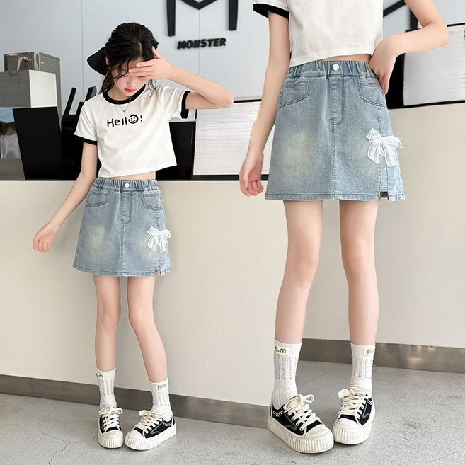 해피유통 14세 이상 어린이 패셔너블 청치마 귀여운 리본 디자인 XG08