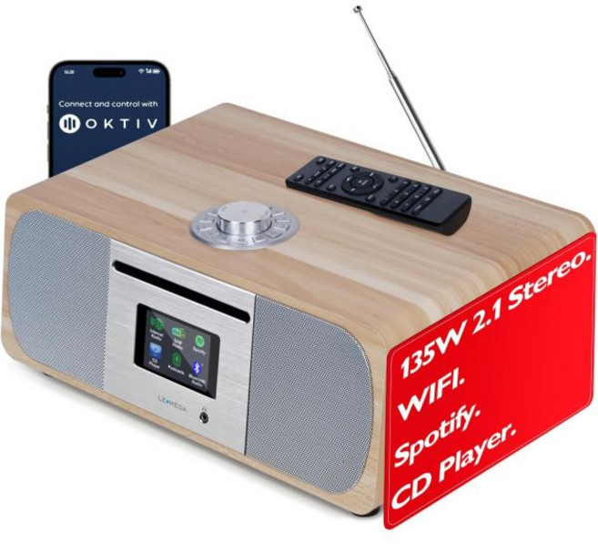 LEMega M3P WiFi 인터넷 라디오 FM 디지털 스포티파이 커넥트 블루투스 스피커 스테레오 사운드 우드 박스 헤드폰 출력 AUX-in 40 프리셋 듀얼 알람 시계 원격, White oak