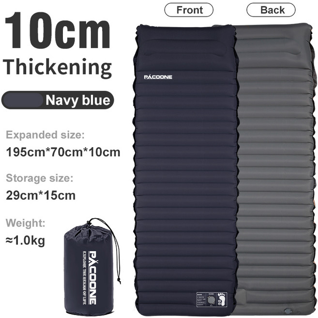 PACOONE 10Cm 두꺼운 슬리핑 패드 초경량 자체 팽창 에어 매트리스 접합 침대 해변 피크닉 매트 캠핑 텐트, 02 Navy Blue