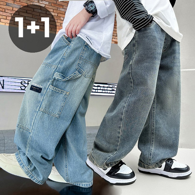 주니어 남아 데일리 꾸안꾸 워싱 데님 밴딩 팬츠 아동 일자핏 청바지 2종세트