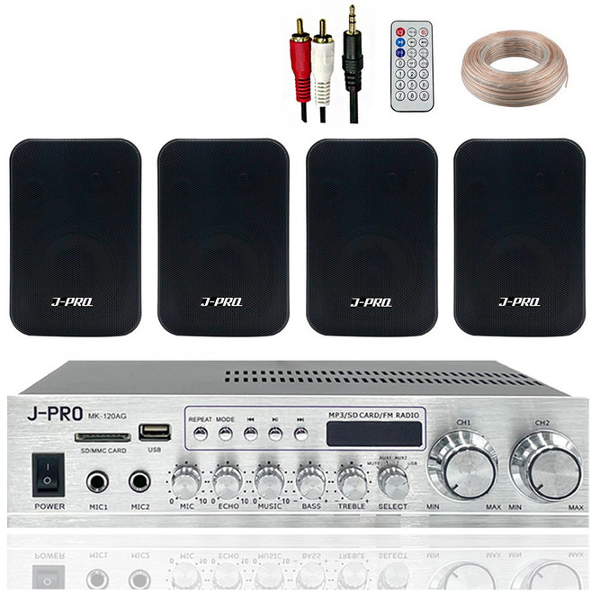 제이프로 240W 블루투스 매장용 카페 매장 업소용 벽걸이 미니 앰프 스피커 4개 세트+리모콘+PC선 1.5M+스피커케이블 40M