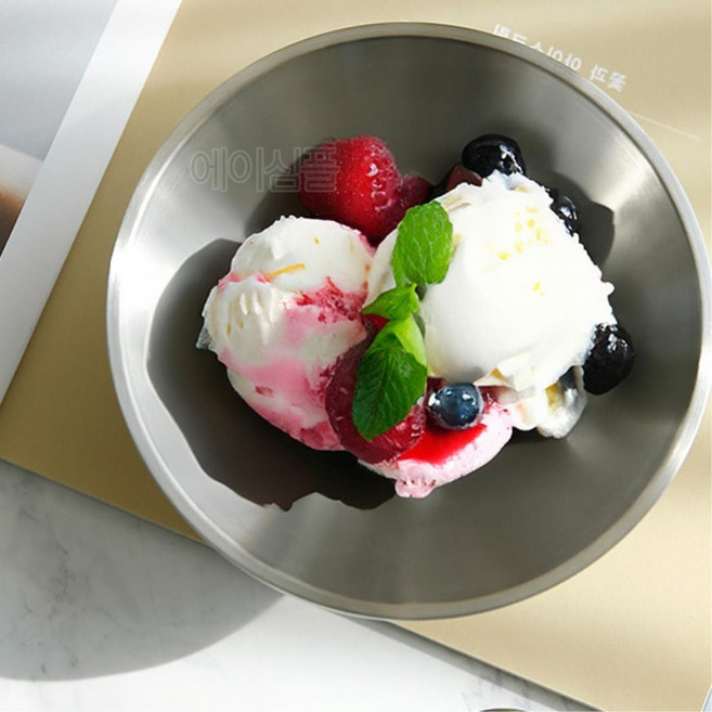 업소용 이중 스텐 팥빙수 그릇 아이스크림 디저트 황도 빙수그릇 화채볼 빙수볼 황도볼 시리얼 화채 요거트, 2호(13cm), 1개