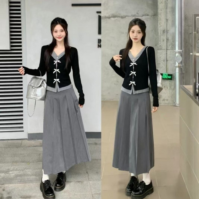 캐주얼 여성복 투피스 슬림핏 브이넥 긴팔티 + 밴딩 롱 스커트 봄 가을 여자 트레이닝복 세트 YJW