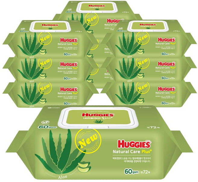 하기스 내츄럴케어 플러스 물티슈 캡형, 344g, 72매, 10개