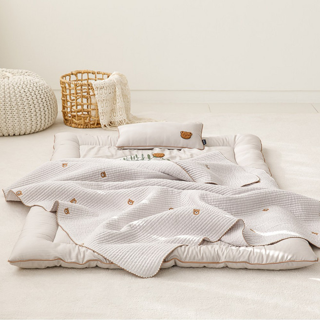 나나베딩 사계절 어린이집 낮잠이불 패드 모달100% 스프레드 곰돌이자수, 그레이