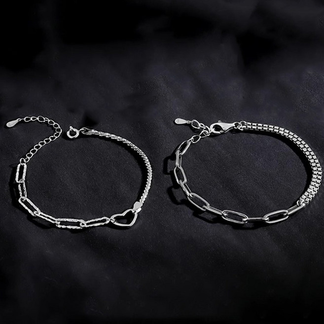 오누이디스플레이 심플 커플 은팔찌 세트 데일리 레이어드 체인 팔찌