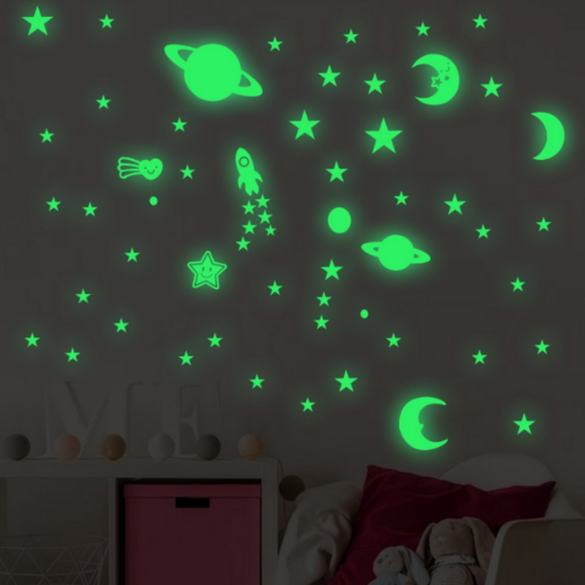 빌픽 아이방 벽에 붙이는 우주 달 별 야광 스티커, 우주그린