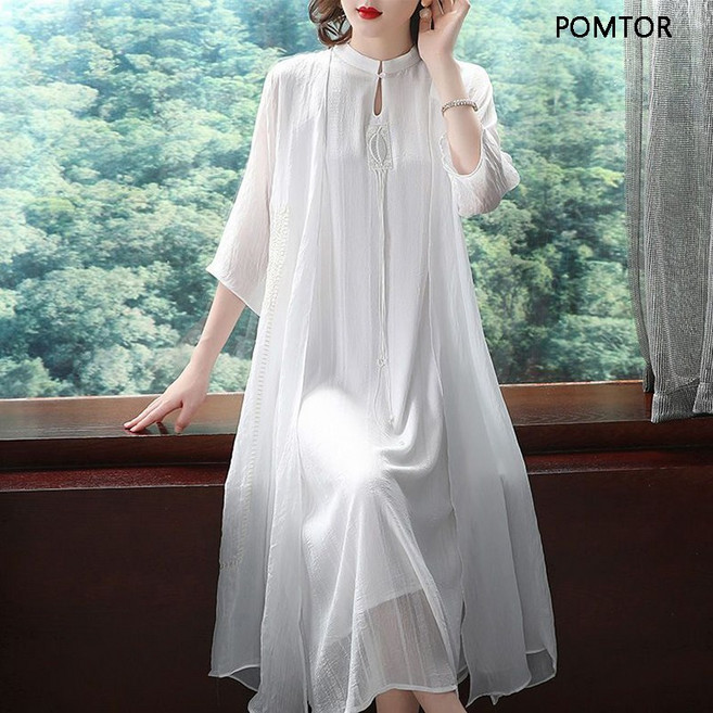 여성 봄여름 라운드 기질시폰 나시 원피스+롱 긴팔 케이프 세트중년여성 세련된 우아한 원피스세트