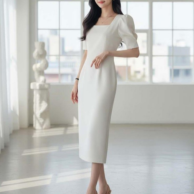 예쁨시전 웨딩룩 스퀘어넥 어깨퍼프 반팔 핀턱 롱 원피스