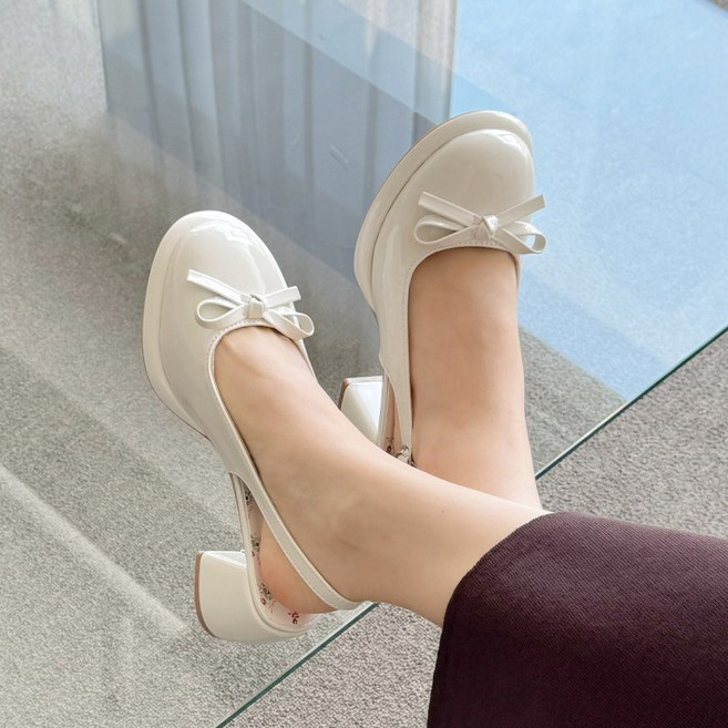 슈뿐 러블리 리본 디테일 라운드토 통굽 미들힐 슬링백 6cm