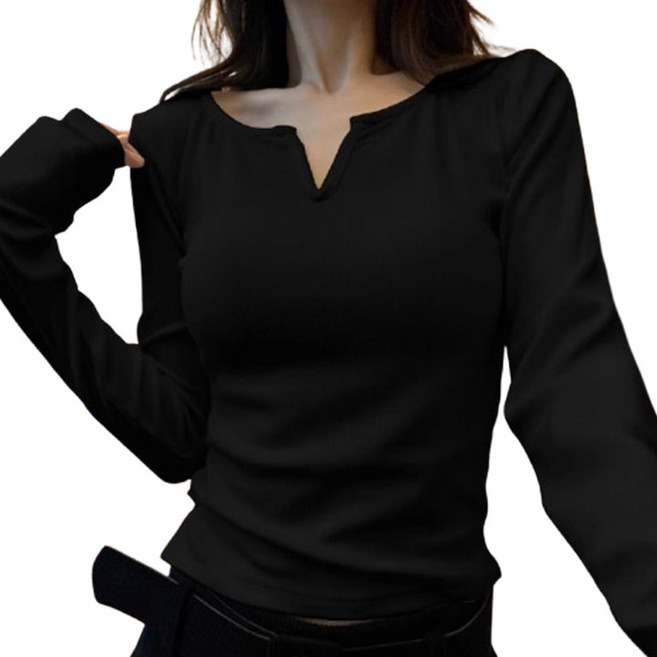 후쿠호 1+1 여성용 무지 로우넥 벨벳 긴팔 티셔츠