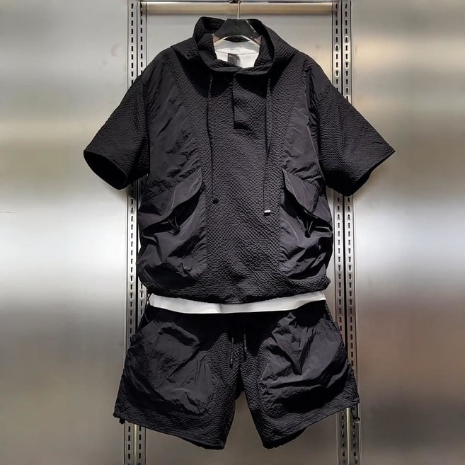 夏季工裝透氣速乾運動套裝男士痞帥肌理感休閒連帽短袖短褲兩件套