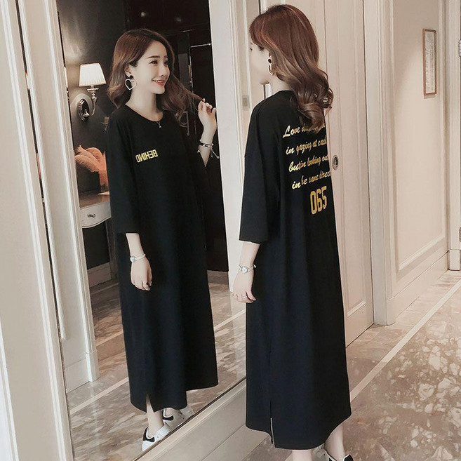 大碼連衣裙 韓版寬鬆顯瘦中長款過膝T恤裙, 【七分-長裙】,5XL