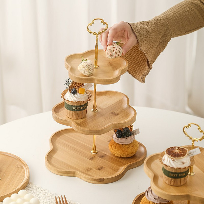 홈파티 2단 3단 과일 접시 디저트 나무 트레이 케이크 디저트접시 생일선물, 1개, 플라워3단접시
