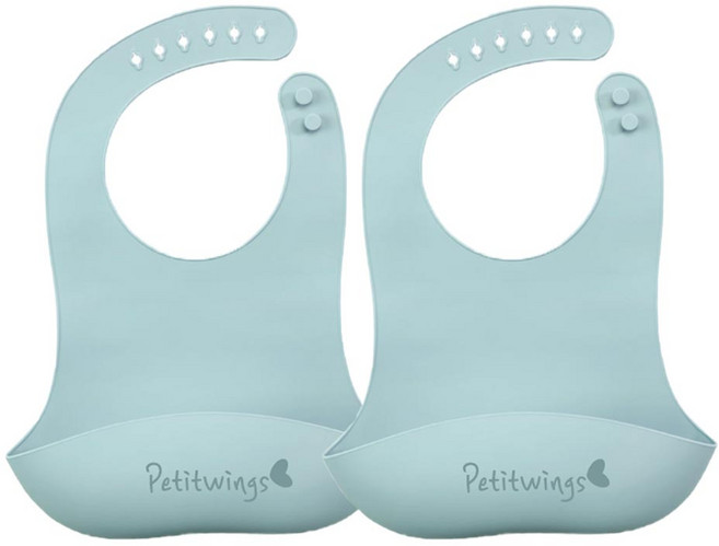[쁘띠윙스] 아기턱받이 아기 실리콘턱받이 자기주도이유식 방수 어린이집, 무디블루, 2개