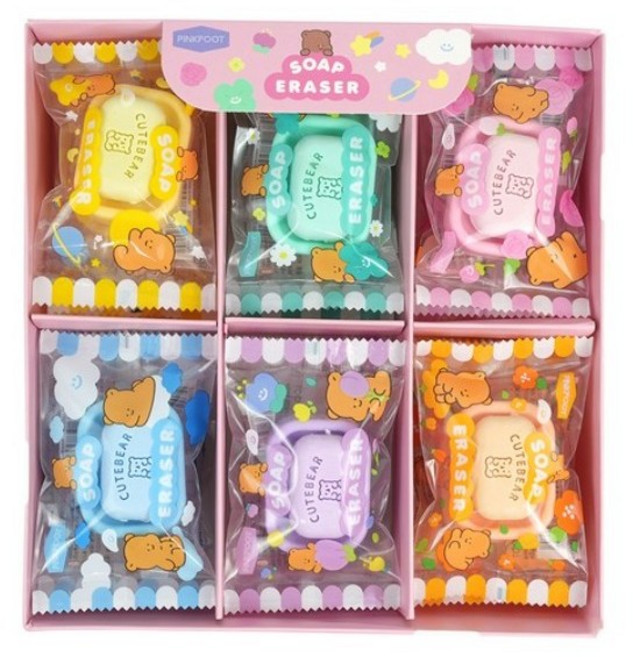 핑크풋 1000 비누 지우개 6종 세트, 옐로우_블루_민트_퍼플_핑크_오렌지, 3세트