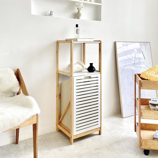 홈페리 대나무 우드 햄퍼 수납장 빨래바구니 협탁, C, 2단