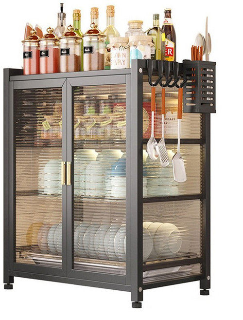 [시스슈] 다층식 주방 캐비닛 접시 건조대 (전체 투명 도어형) + 칼/수저 수납함 밀폐형 방진 디자인 탈부착 조립식, M, 블랙